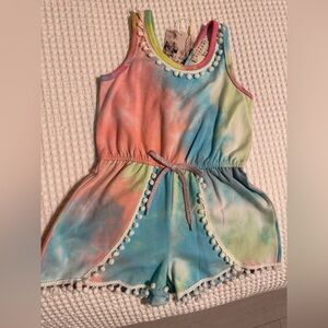 Hannah Banana Pink and Blue Tie-Dye Jumpsuit with Pom-Pom Trim